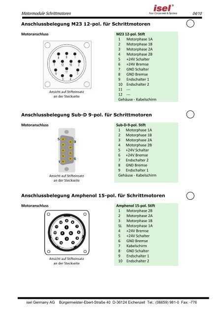 Motormodule Schrittmotoren Anschlussbelegung M23 12-pol. fÃ¼r ...