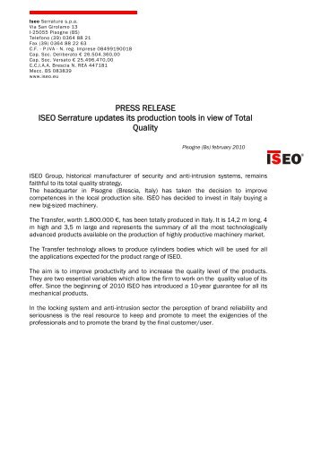 PRESS RELEASE ISEO Serrature updates its production tools in ...