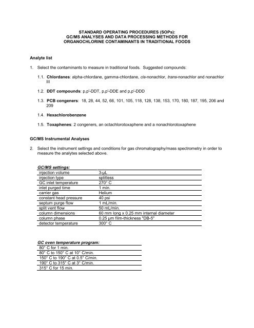 (SOPs): GC/MS ANALYSES AND DATA PROCESSING METHODS