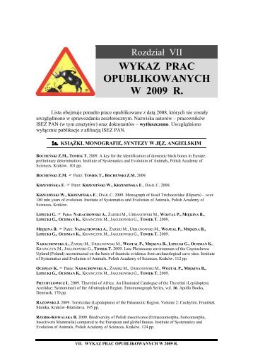 wykaz prac opublikowanych w 2009 r. - Institute of Systematics and ...