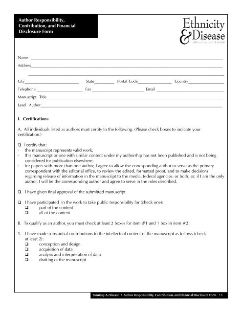 Author Responsibility, Contribution, and Financial Disclosure Form