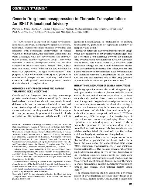 Generic Drug Immunosuppression in Thoracic Transplantation - The ...