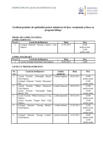 Graficul probelor de aptitudini pentru admiterea Ã®n licee vocaÅ£ionale ...