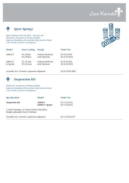 Product List 3200 GT 4200 GT Spyder - Dimex Group