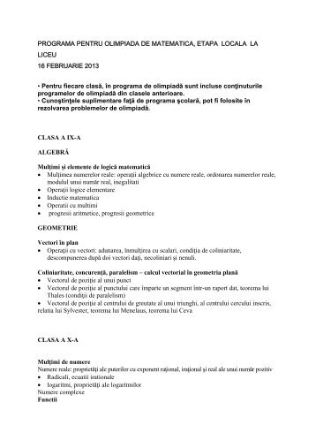 PROGRAMA PENTRU OLIMPIADA DE MATEMATICA, ETAPA ...