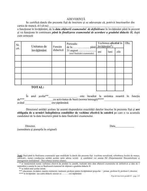 FiÈa de Ã®nscriere pentru gradul II - Inspectoratul Åcolar JudeÅ£ean ...