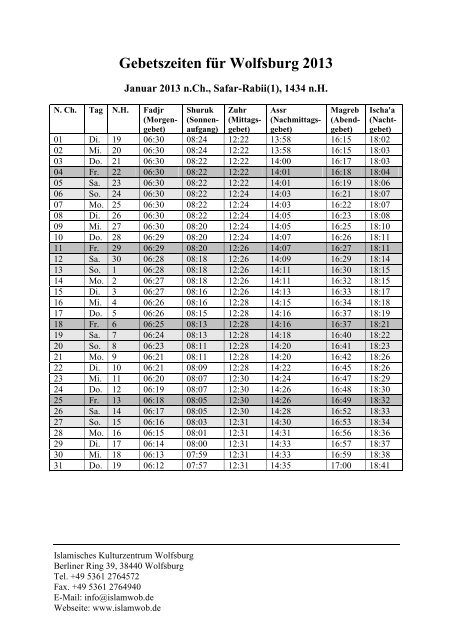 Gebetszeiten für Wolfsburg 2013 - Islamisches Kulturzentrum ...