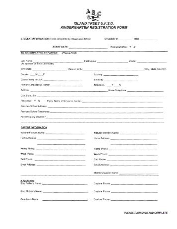 Kindergarten Registration Form - Island Trees Public Schools