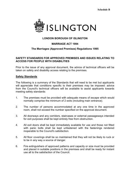 Schedule B LONDON BOROUGH OF ISLINGTON ... - Islington Council