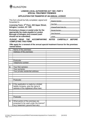 Application for Transfer of an Annual Licence - Islington Council