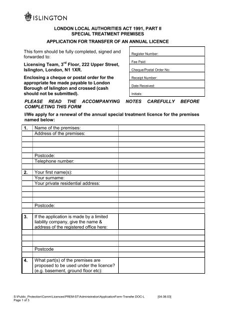 Application for Transfer of an Annual Licence - Islington Council