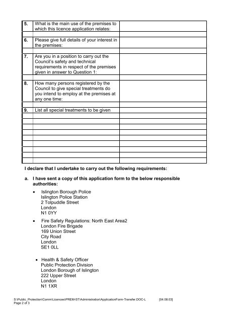 Application for Transfer of an Annual Licence - Islington Council
