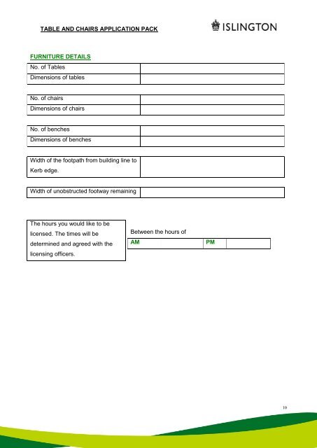 Tables and Chairs Licence Application Pack - Islington Council