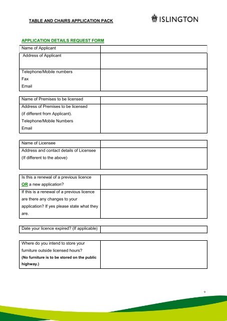 Tables and Chairs Licence Application Pack - Islington Council