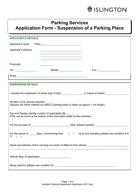 Parking Services Application Form - Suspension ... - Islington Council