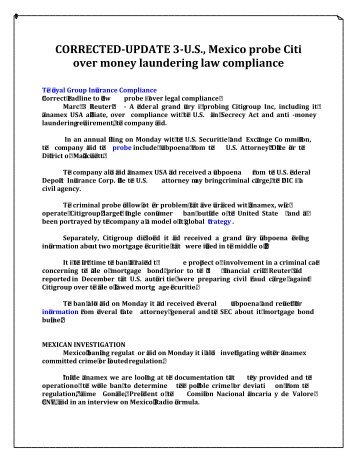 CORRECTED-UPDATE 3-U.S., Mexico probe Citi over money laundering law compliance