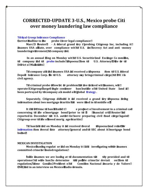 CORRECTED-UPDATE 3-U.S., Mexico probe Citi over money laundering law compliance