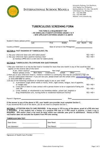 Tuberculosis Screening Form - International School Manila