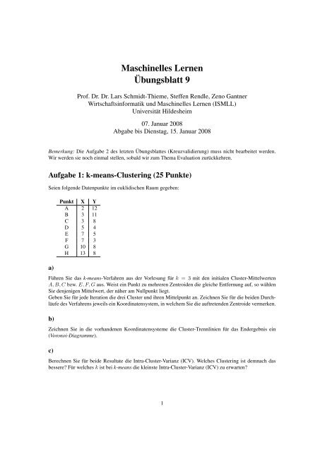 Maschinelles Lernen Ãbungsblatt 9 - ISMLL - UniversitÃ¤t Hildesheim