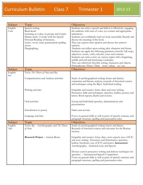 Curriculum Bulletin Class 7 Trimester 1 - The International School of ...