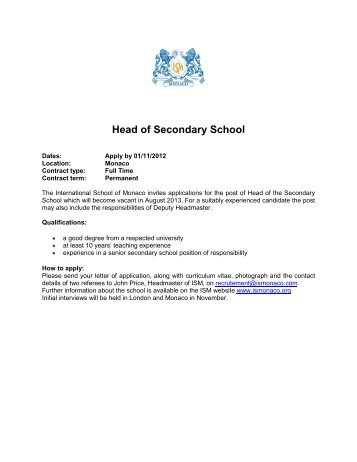 Head of Secondary School - The International School of Monaco