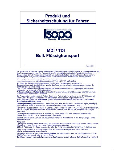 Produkt Und Sicherheitsschulung FÃ¼r Fahrer MDI / TDI Bulk - Isopa