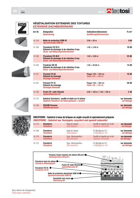 Prix courant Preisliste - Isotosi