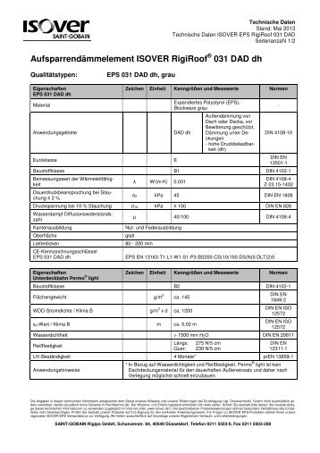 Technische Daten ISOVER EPS RigiRoof 031 DAD