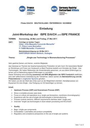 Einladung Joint-Workshop der ISPE D/A/CH und ISPE FRANCE