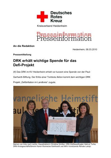 DRK erhält wichtige Spende für das Defi-Projekt - Drk-Heidenheim