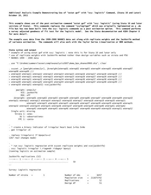 Additional Analysis Example Demonstrating Use of "estat gof" with ...