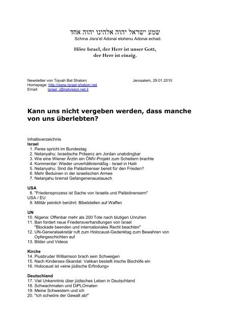 29.01.2010 Kann uns nicht vergeben werden, dass ... - Israel Shalom