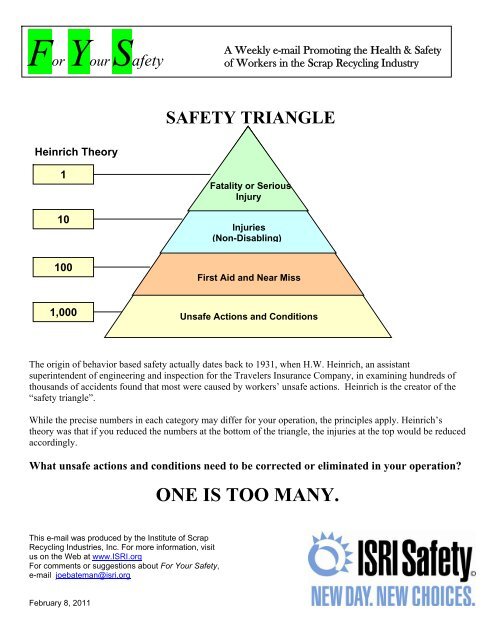 ONE IS TOO MANY. - ISRI Safety