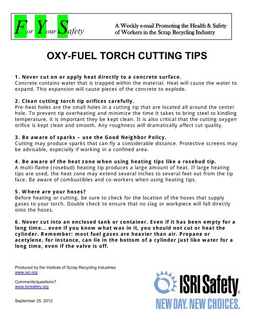 OXY-FUEL TORCH CUTTING TIPS - ISRI Safety