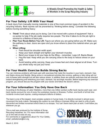 For Your Safety: Life With Your Head - ISRI Safety
