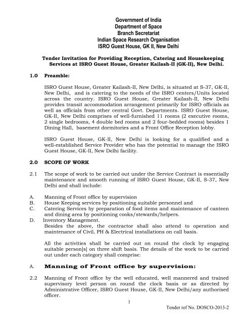 Tender Invitation For Providing Services At Isro Guest House Dt
