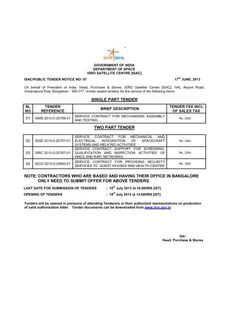 public tender 07 dated 17.06.2013 - ISRO