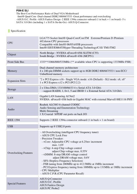 Specification CPU LGA775 Socket Intel® Quad-Core/CoreTM ...