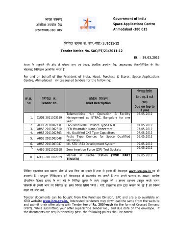 380 015 Tender Notice No. SAC/PT/21/2011-12 - ISRO