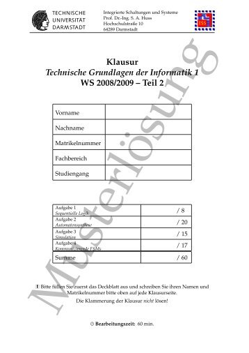 Klausur Technische Grundlagen der Informatik 1 WS 2008/2009 ...