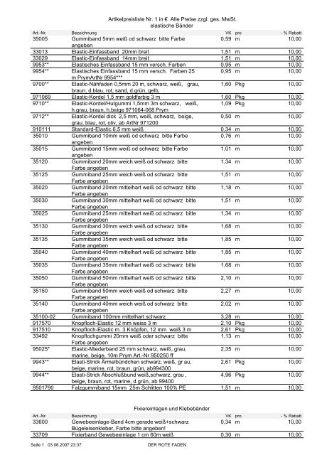 Artikelpreisliste Nr. 1 in â¬. Alle Preise zzgl. ges ... - Der rote Faden