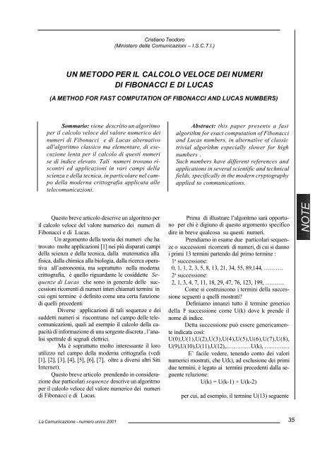 un metodo per il calcolo veloce dei numeri di fibonacci e di lucas