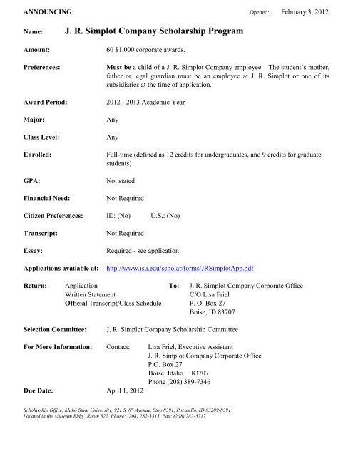 J. R. Simplot Company Scholarship Program - Idaho State University
