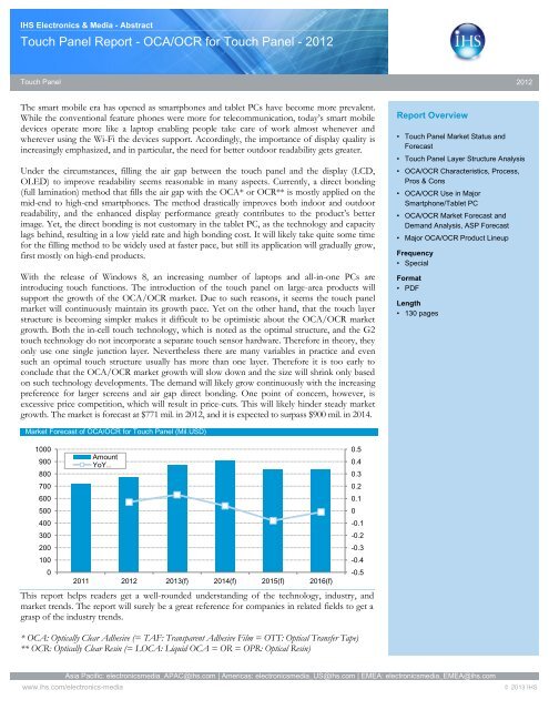 Touch Panel Report - OCA/OCR for Touch Panel - 2012 - iSuppli