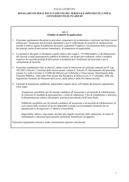 Regolamento per il reclutamento del personale ... - Italia Lavoro