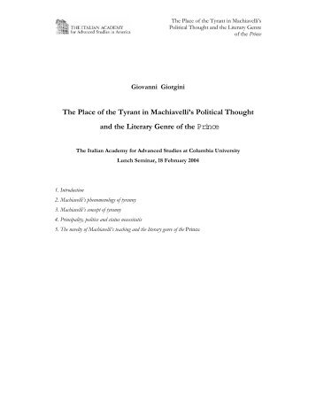 The Place of the Tyrant in Machiavelli's Political Thought and the ...