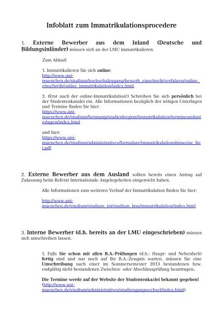 Infoblatt zum Immatrikulationsprocedere - LMU