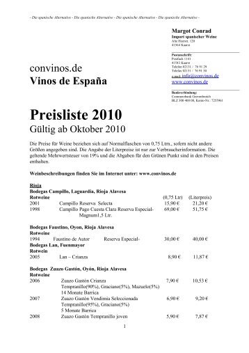 Vinos de España Preisliste 2010 - convinos.de