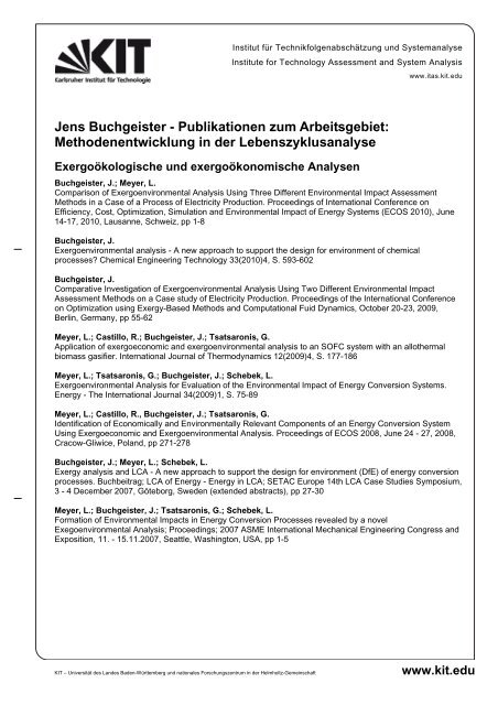 Jens Buchgeister - Publikationen zum Arbeitsgebiet ... - ITAS - KIT