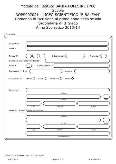 Facsimile Modulo Di Iscrizione Al Liceo Balzan Einaudi
